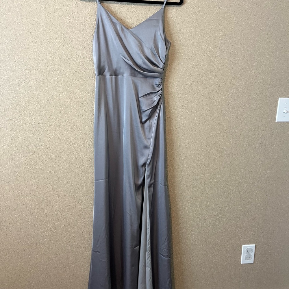 Birdy Grey Silver Satin Maxi Dress with Draped Bodice